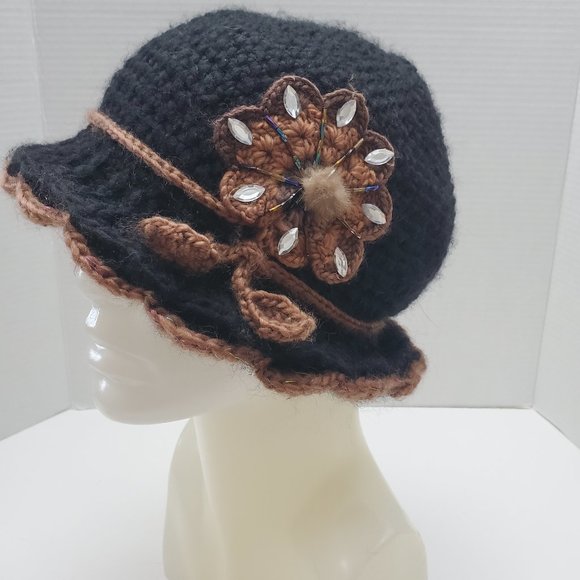 Lined Black Hat with Large Flower and Tassel Leaves - Picture 1 of 5